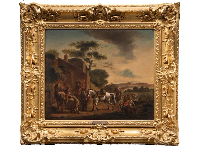 Attrib. to philips wouwermans (1619-1668), travellers near the inn, oil on canvas 46 x 56 cm. (18.1 x 22.0 in.), frame: 69 x 77 cm. (27.1 x 30.3 in.) - afbeelding 2 van  6