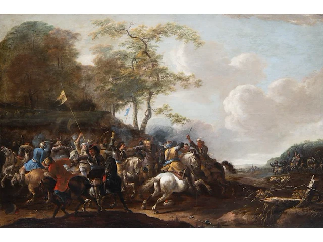 Attrib. to simon johannes van douw (c.1630-c.1680), battle scene between christians and ottomans, oil on oak, 57 x 83 cm. (22.44 x 32.67 in.), frame: 81 x 107 cm. (31.89 x 42.13 in.) - afbeelding 1 van  6