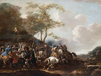 Attrib. to simon johannes van douw (c.1630-c.1680), battle scene between christians and ottomans, oil on oak, 57 x 83 cm. (22.44 x 32.67 in.), frame: 81 x 107 cm. (31.89 x 42.13 in.)