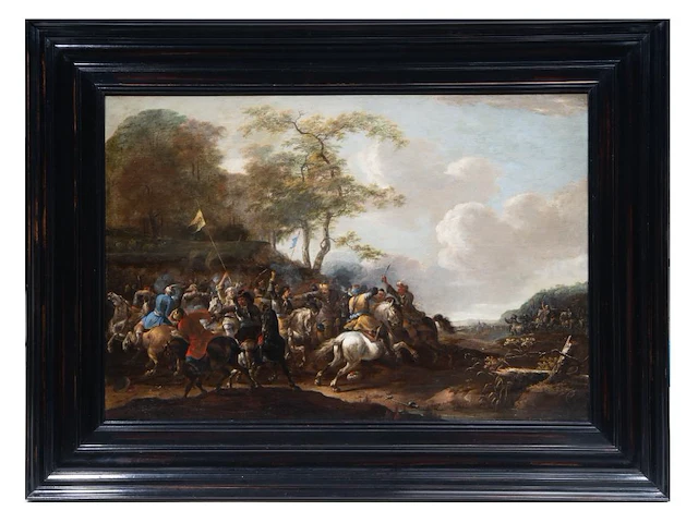 Attrib. to simon johannes van douw (c.1630-c.1680), battle scene between christians and ottomans, oil on oak, 57 x 83 cm. (22.44 x 32.67 in.), frame: 81 x 107 cm. (31.89 x 42.13 in.) - afbeelding 2 van  6