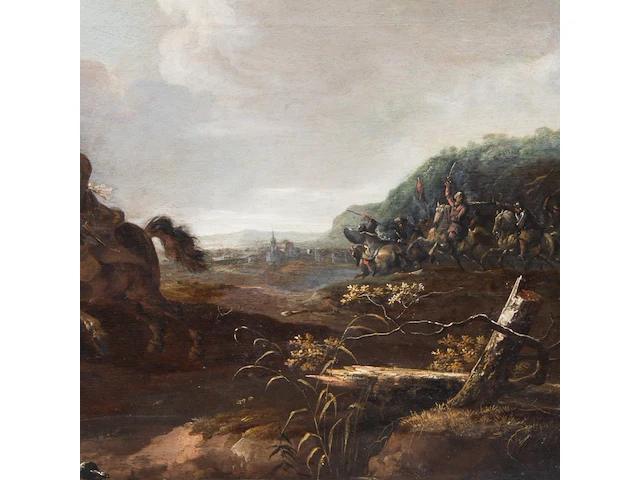 Attrib. to simon johannes van douw (c.1630-c.1680), battle scene between christians and ottomans, oil on oak, 57 x 83 cm. (22.44 x 32.67 in.), frame: 81 x 107 cm. (31.89 x 42.13 in.) - afbeelding 4 van  6