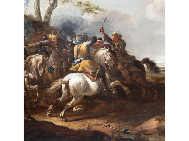 Attrib. to simon johannes van douw (c.1630-c.1680), battle scene between christians and ottomans, oil on oak, 57 x 83 cm. (22.44 x 32.67 in.), frame: 81 x 107 cm. (31.89 x 42.13 in.) - afbeelding 5 van  6