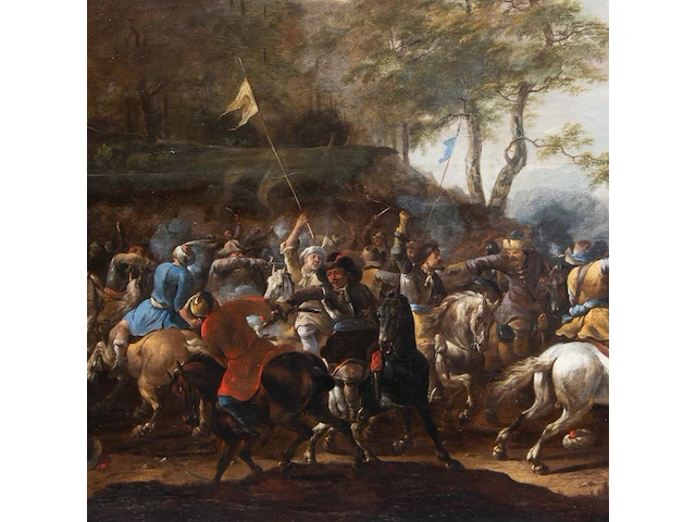 Attrib. to simon johannes van douw (c.1630-c.1680), battle scene between christians and ottomans, oil on oak, 57 x 83 cm. (22.44 x 32.67 in.), frame: 81 x 107 cm. (31.89 x 42.13 in.) - afbeelding 6 van  6