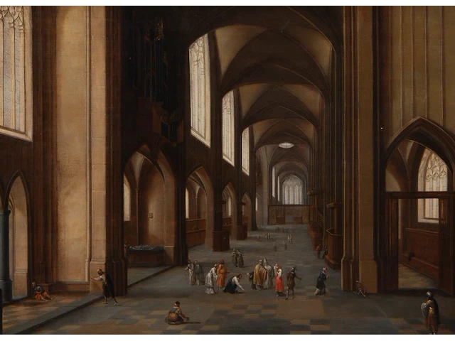 Attrib. to the studio of hendrik ii van steenwijk (1580-1640), christ and the adulteress in a church interior, oil on panel 51 x 71.5 cm. (20.07 x 28.14 in.), frame: 74 x 93 cm. (29.12 x 36.60 in.) - afbeelding 1 van  4