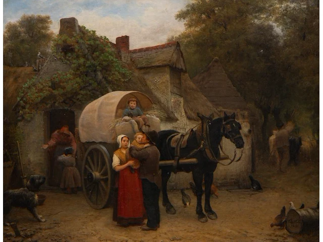 Auguste corkole (1822-1875), the departure of the carriage, 1862, oil on canvas 70 x 90 cm. (27.55 x 35.42 in.), frame: 92 x 112 cm. (36.21 x 44.09 in.) - afbeelding 1 van  6