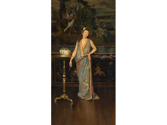 Auguste serrure (1825-1903), lady wearing a kimono in an interior, oil on canvas 80 x 45 cm. (31 1/2 x 17.71 in.), frame: 108 x 69 cm. (42.52 x 27.17 in.) - afbeelding 1 van  6
