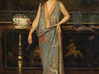 Auguste serrure (1825-1903), lady wearing a kimono in an interior, oil on canvas 80 x 45 cm. (31 1/2 x 17.71 in.), frame: 108 x 69 cm. (42.52 x 27.17 in.)