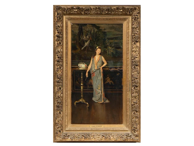 Auguste serrure (1825-1903), lady wearing a kimono in an interior, oil on canvas 80 x 45 cm. (31 1/2 x 17.71 in.), frame: 108 x 69 cm. (42.52 x 27.17 in.) - afbeelding 2 van  6