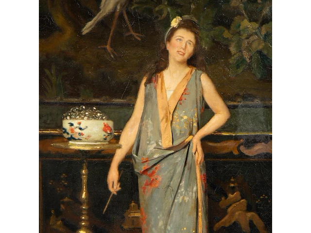 Auguste serrure (1825-1903), lady wearing a kimono in an interior, oil on canvas 80 x 45 cm. (31 1/2 x 17.71 in.), frame: 108 x 69 cm. (42.52 x 27.17 in.) - afbeelding 5 van  6