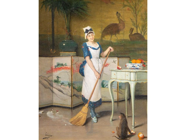 Auguste serrure (1825-1903), the maiden and a monkey, oil on canvas 70 x 56 cm. (27.55 x 22.05 in.), frame: 93 x 79 cm. (36.60 x 31.10 in.) - afbeelding 1 van  6