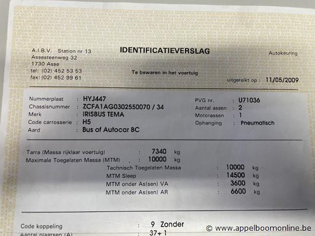 Autobus iveco irisbus, cc100e22fp, zcfa1ag0302550070, 1e inschr 06/05/09, 5880cm³, diesel, 242152km, keuring geldig tot 11/08/25, identificatieverslag, inschrijvingsbewijs, gelijkvormigheidsattest - afbeelding 14 van  22