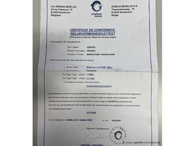 Autobus iveco irisbus, cc100e22fp, zcfa1ag0302550070, 1e inschr 06/05/09, 5880cm³, diesel, 242152km, keuring geldig tot 11/08/25, identificatieverslag, inschrijvingsbewijs, gelijkvormigheidsattest - afbeelding 15 van  22