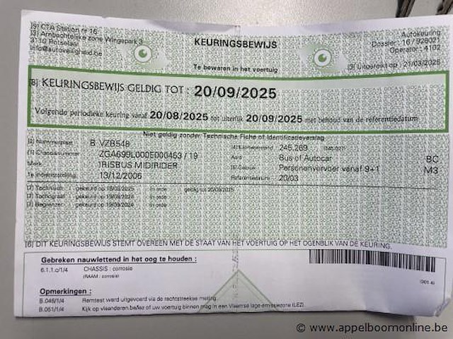 Autobus iveco irisbus, midirider, zga699l00e00453, 1e inschr 13/12/06, 5880cm³, diesel, km stand vlgs ltst keuring 245 269km, keuring geldig to 09/25, identificatieverslag, inschrijvingsbewijs, gelijkvormigheidsattest - afbeelding 11 van  25