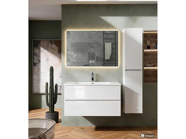 Badkamer meubel set 100cm onderkast lavabo led spiegel kolom kast glans wit - afbeelding 1 van  1