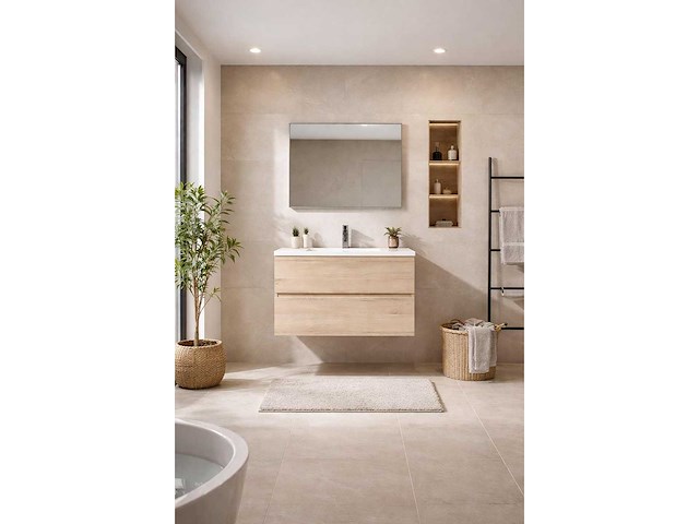 Badkamer meubel set 100cm onderkast lavabo led spiegel licht grijseik - afbeelding 1 van  1