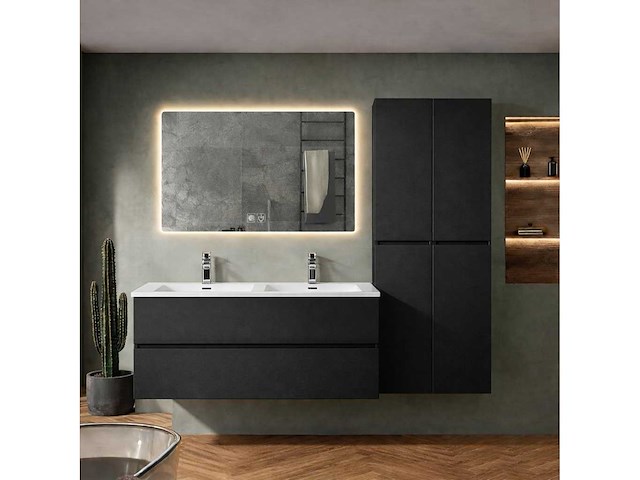 Badkamer meubel set 120cm onderkast lavabo led spiegel kolom kast mat zwart - afbeelding 2 van  3