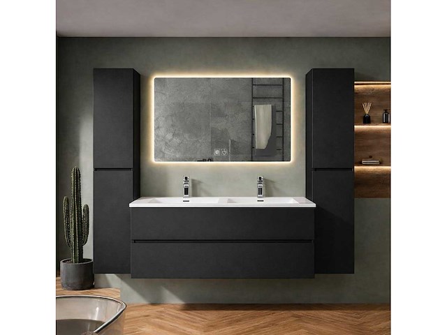Badkamer meubel set 120cm onderkast lavabo led spiegel zonder kolom kast mat zwart - afbeelding 1 van  3