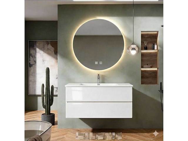 Badkamer meubel set 80cm onderkast lavabo led spiegel glans wit - afbeelding 1 van  1