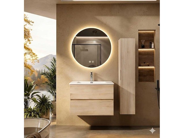 Badkamer meubel set 80cm onderkast lavabo led spiegel licht grijseik - afbeelding 1 van  1