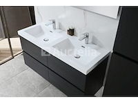 Badkamermeubel 120 cm - donker hout decor + witte dubbele wasbak - incl. kranen