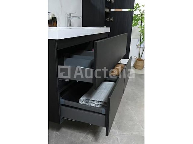 Badkamermeubel 120 cm - donker hout decor + witte dubbele wasbak - incl. kranen - afbeelding 3 van  10