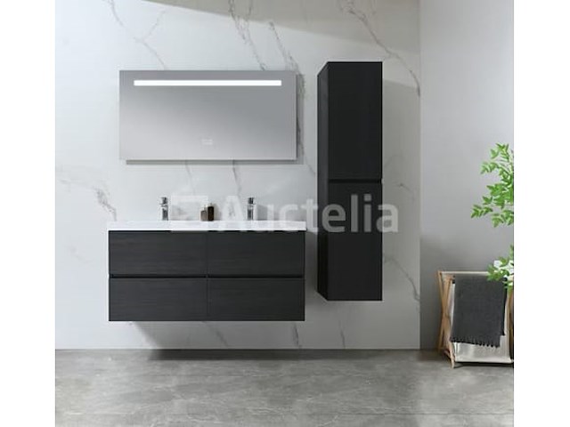 Badkamermeubel 120 cm - donker hout decor + witte dubbele wasbak - incl. kranen - afbeelding 6 van  10