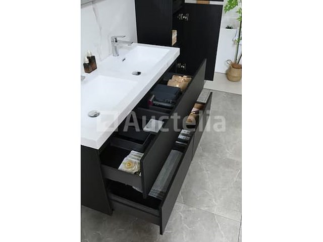 Badkamermeubel 120 cm - donker hout decor + witte dubbele wasbak - incl. kranen - afbeelding 7 van  10