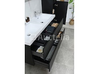 Badkamermeubel 120 cm - donker hout decor + witte dubbele wasbak - incl. kranen - afbeelding 7 van  10