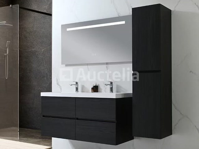 Badkamermeubel 120 cm - donker hout decor + witte dubbele wasbak - incl. kranen - afbeelding 8 van  10