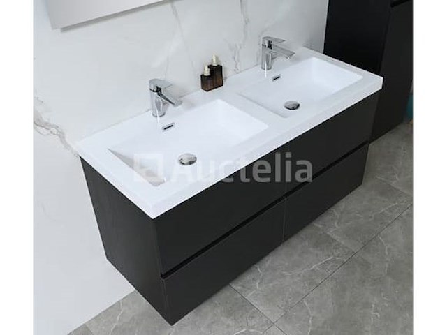 Badkamermeubel 120 cm - donker hout decor + witte dubbele wasbak - incl. kranen - afbeelding 9 van  10