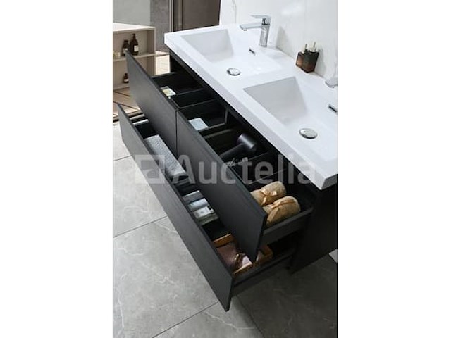 Badkamermeubel 120 cm - donker hout decor + witte dubbele wasbak - incl. kranen - afbeelding 10 van  10