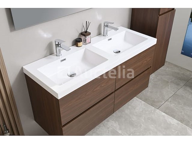 Badkamermeubel 120 cm - donker hout decor + witte dubbele wasbak - incl. kranen - afbeelding 5 van  6