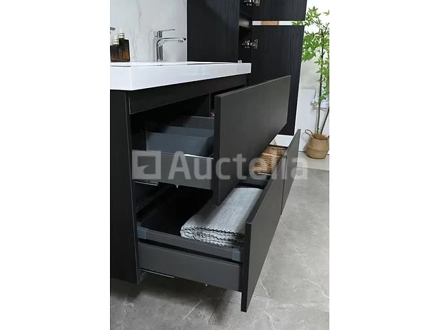 Badkamermeubel 120 cm - donker hout decor + witte dubbele wasbak - incl. kranen - afbeelding 1 van  10