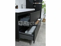 Badkamermeubel 120 cm - donker hout decor + witte dubbele wasbak - incl. kranen