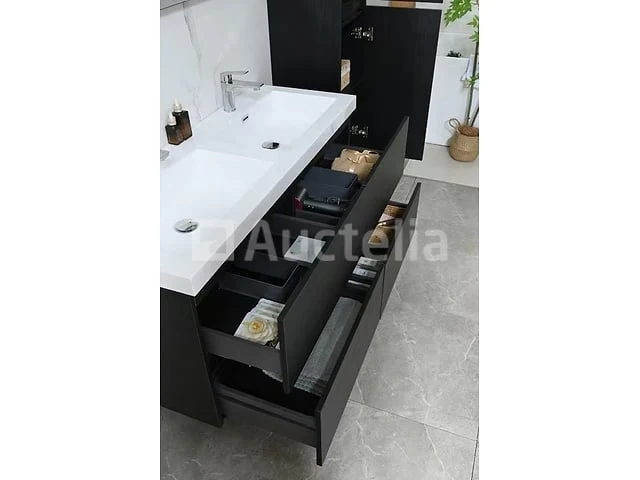 Badkamermeubel 120 cm - donker hout decor + witte dubbele wasbak - incl. kranen - afbeelding 6 van  10