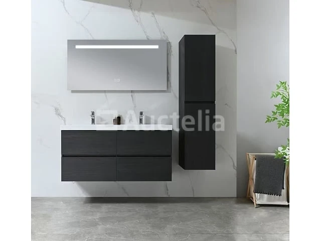 Badkamermeubel 120 cm - donker hout decor + witte dubbele wasbak - incl. kranen - afbeelding 7 van  10
