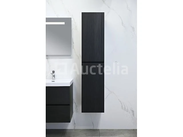 Badkamermeubel 120 cm - donker hout decor + witte dubbele wasbak - incl. kranen - afbeelding 8 van  10