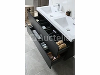 Badkamermeubel 120 cm - donker hout decor + witte dubbele wasbak - incl. kranen - afbeelding 9 van  10