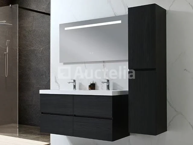 Badkamermeubel 120 cm - donker hout decor + witte dubbele wasbak - incl. kranen - afbeelding 10 van  10
