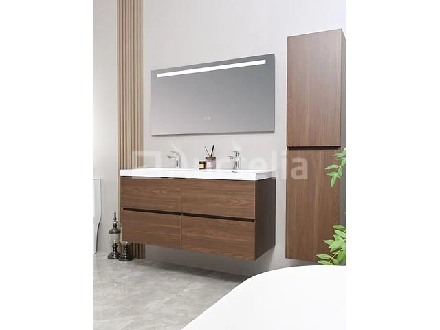 Badkamermeubel 120 cm - donker hout decor + witte dubbele wasbak - incl. kranen - afbeelding 1 van  6
