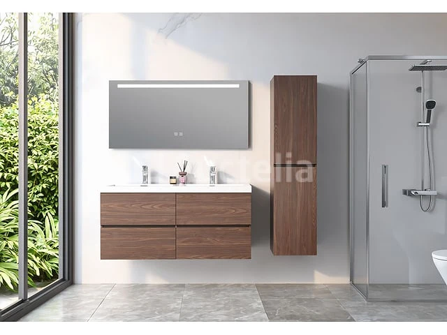Badkamermeubel 120 cm - donker hout decor + witte dubbele wasbak - incl. kranen - afbeelding 2 van  6