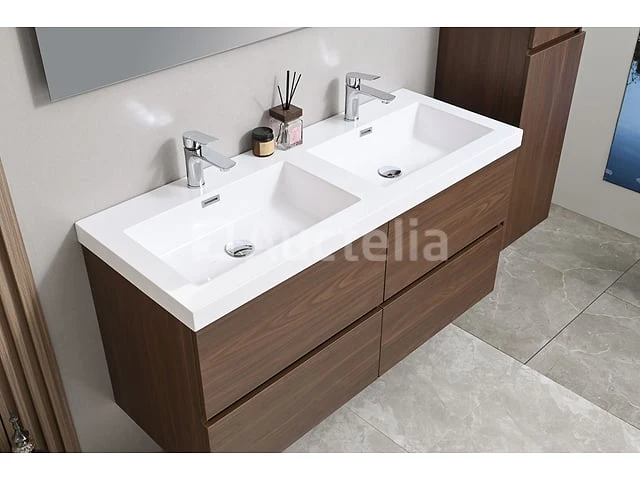 Badkamermeubel 120 cm - donker hout decor + witte dubbele wasbak - incl. kranen - afbeelding 3 van  6