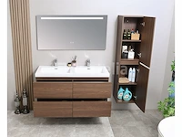 Badkamermeubel 120 cm - donker hout decor + witte dubbele wasbak - incl. kranen - afbeelding 4 van  6