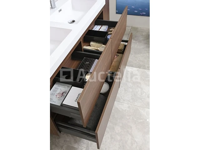 Badkamermeubel 120 cm - donker hout decor + witte dubbele wasbak - incl. kranen - afbeelding 6 van  6