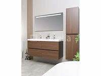 Badkamermeubel 120 cm - donker hout decor + witte dubbele wasbak - incl. kranen