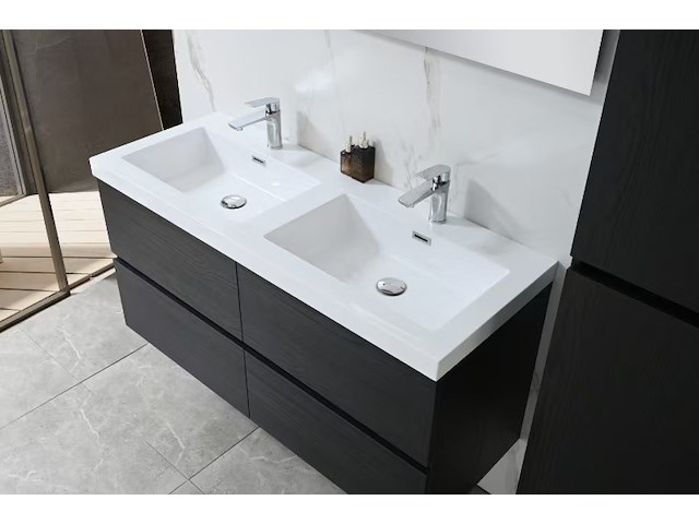 Badkamermeubel 120 cm - donker hout decor + witte dubbele wasbak - incl. kranen - afbeelding 3 van  10