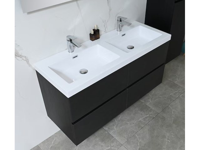 Badkamermeubel 120 cm - donker hout decor + witte dubbele wasbak - incl. kranen - afbeelding 5 van  10