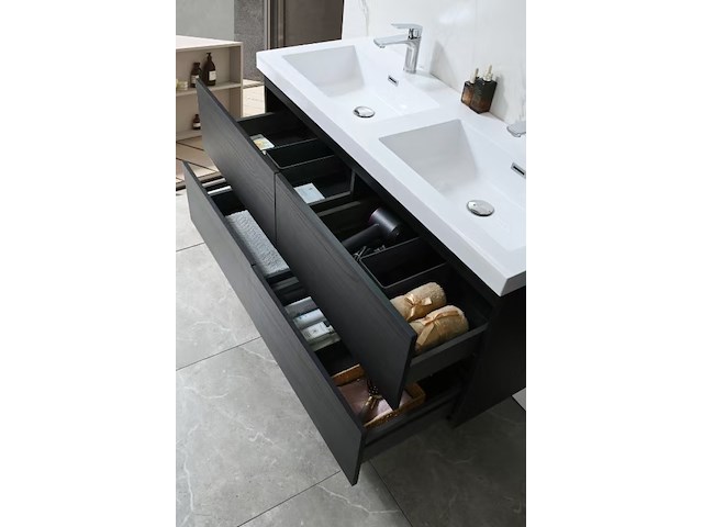 Badkamermeubel 120 cm - donker hout decor + witte dubbele wasbak - incl. kranen - afbeelding 6 van  10