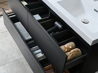 Badkamermeubel 120 cm - donker hout decor + witte dubbele wasbak - incl. kranen - afbeelding 6 van  10