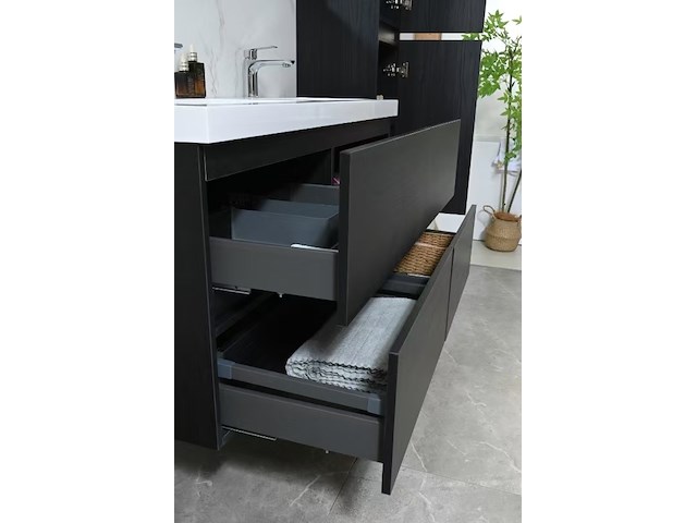 Badkamermeubel 120 cm - donker hout decor + witte dubbele wasbak - incl. kranen - afbeelding 7 van  10